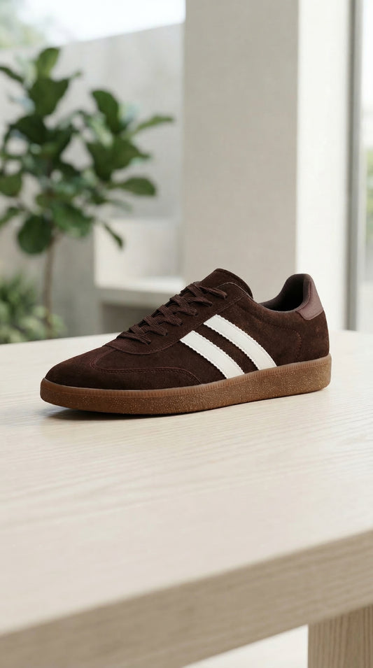 Brązowe sneakersy z zamszu – klasyczne buty lifestyle z gumową podeszwą