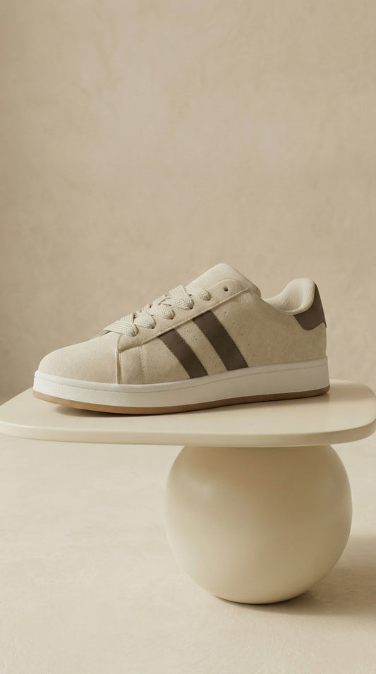 Zamszowe sneakersy – kremowa biel & czekoladowy brąz