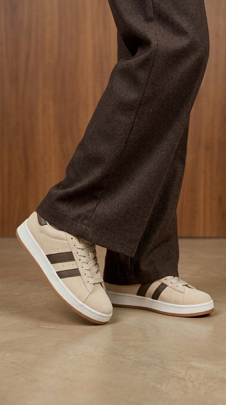 Zamszowe sneakersy – kremowa biel & czekoladowy brąz