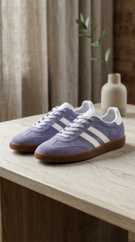 Fioletowe sneakersy z zamszu – stylowe buty lifestyle z gumową podeszwą