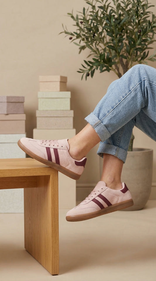 Wiosenne sneakersy zamszowe – pudrowy róż & burgund