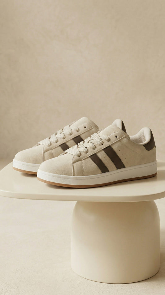 Zamszowe sneakersy – kremowa biel & czekoladowy brąz