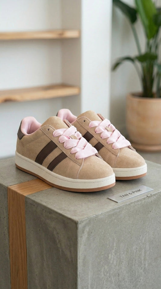 Wiosenne sneakersy zamszowe – beż & pudrowy róż