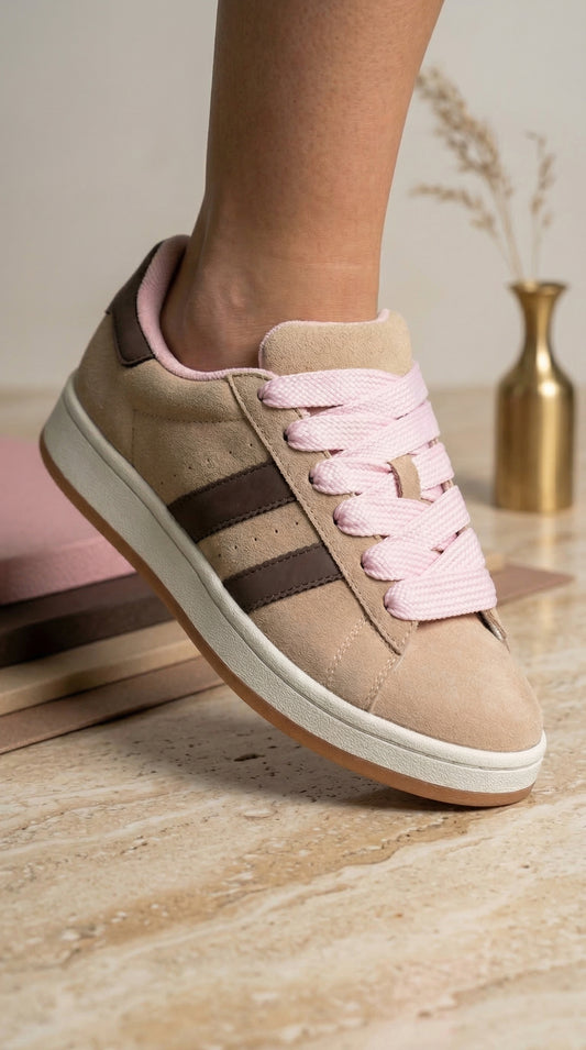 Wiosenne sneakersy zamszowe – beż & pudrowy róż